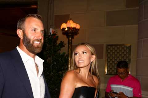 Paulina Gretzky stuns in daring black leather dress as she and Dustin Johnson arrive for LIV Golf welcome party