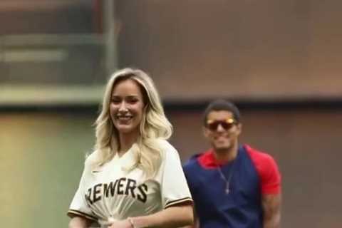 Paige Spiranac stuns baseball fans in unbuttoned shirt as she throws the first pitch at the Milwaukee Brewers MLB game